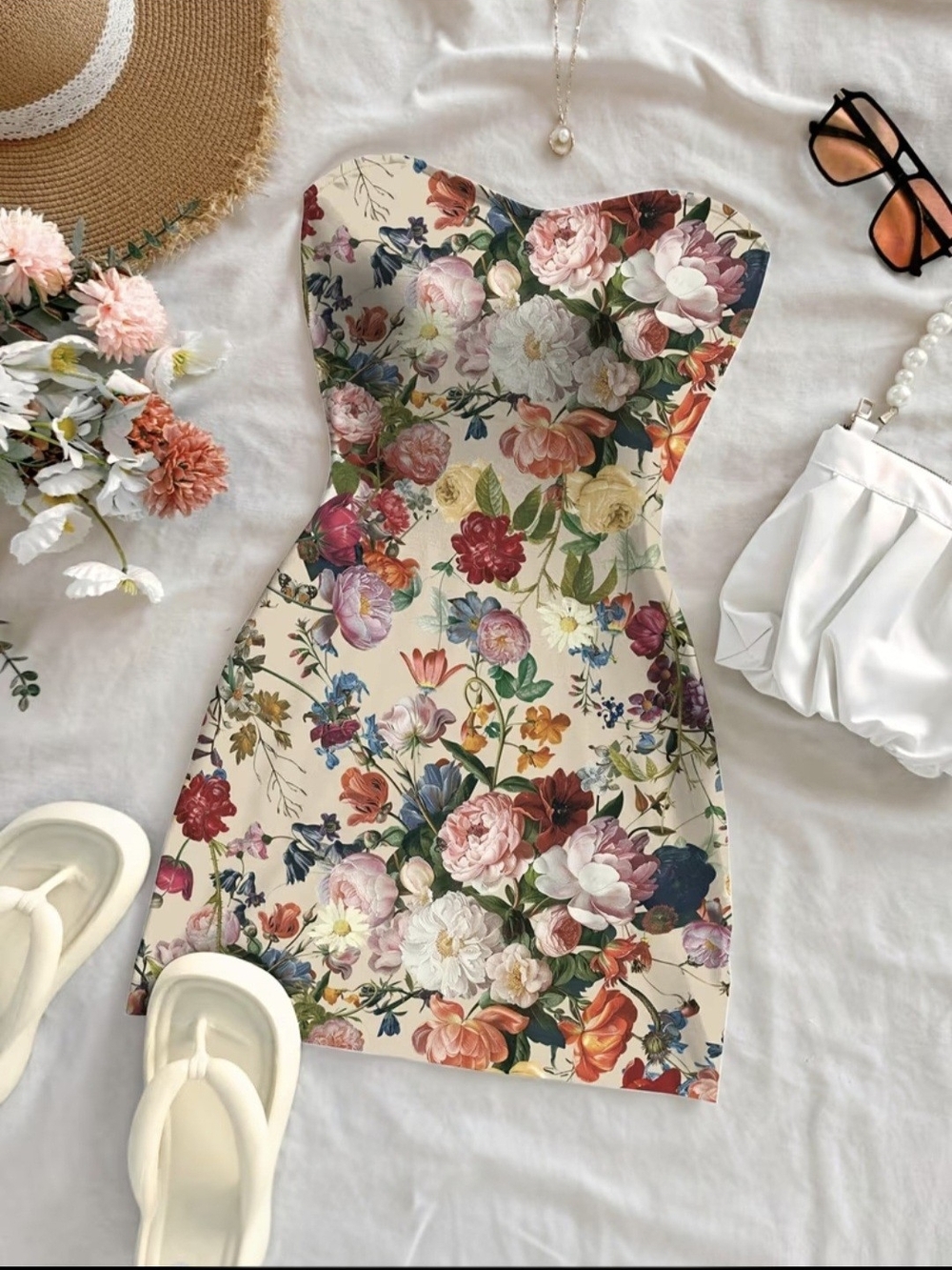 Strapless Floral Bodycon Dress in Cream